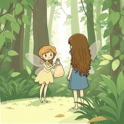 In a lush green forest, a fairy is depicted handing a fabric bag to a girl with long, curly brown hair, who is facing away from us