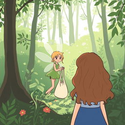 In a lush green forest, a fairy is depicted handing a fabric bag to a girl with long, curly brown hair, who is facing away from us