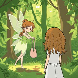 In a lush green forest, a fairy is depicted handing a fabric bag to a girl with long, curly brown hair, who is facing away from us