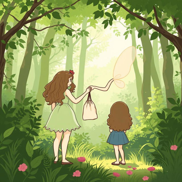 In a lush green forest, a fairy is depicted handing a fabric bag to a girl with long, curly brown hair, who is facing away from us