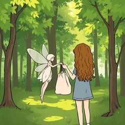 In a forest, a fairy is handing a fabric bag to a girl with long, curly brown hair, facing away from us