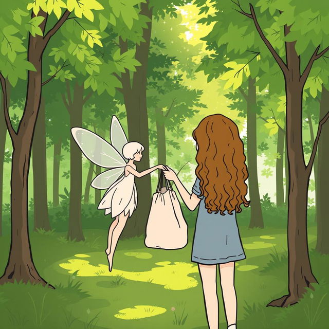 In a forest, a fairy is handing a fabric bag to a girl with long, curly brown hair, facing away from us
