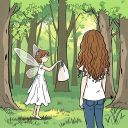 In a forest, a fairy is handing a fabric bag to a girl with long, curly brown hair, facing away from us