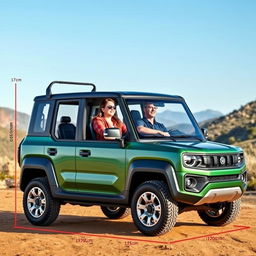 A compact two-seater SUV designed with dimensions of 170cm in length, 120cm in height, 132cm in width, and a ground clearance of 17cm