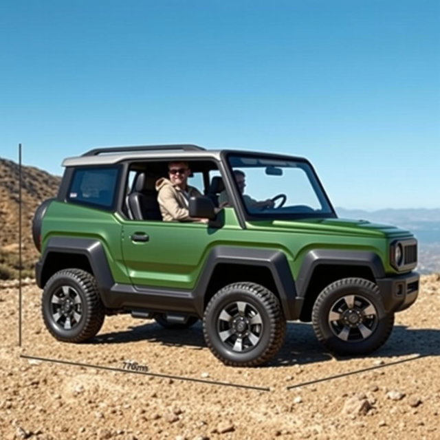 A compact two-seater SUV designed with dimensions of 170cm in length, 120cm in height, 132cm in width, and a ground clearance of 17cm