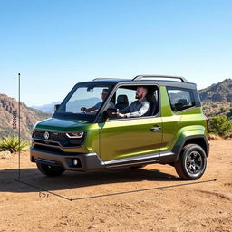 A compact two-seater SUV designed with dimensions of 170cm in length, 120cm in height, 132cm in width, and a ground clearance of 17cm