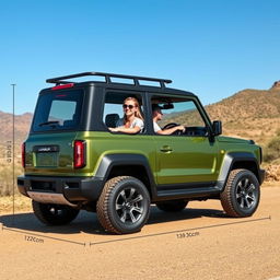A compact two-seater SUV designed with dimensions of 170cm in length, 120cm in height, 132cm in width, and a ground clearance of 17cm