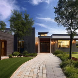 A beautiful new modern house with large windows, a sprawling green lawn, and a charming brick path leading up to the entrance.