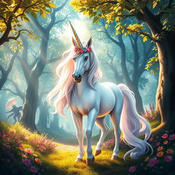 A majestic unicorn standing in a vibrant fantasy forest, surrounded by ethereal trees with shimmering leaves and colorful flowers