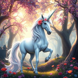 A majestic unicorn standing in a vibrant fantasy forest, surrounded by ethereal trees with shimmering leaves and colorful flowers