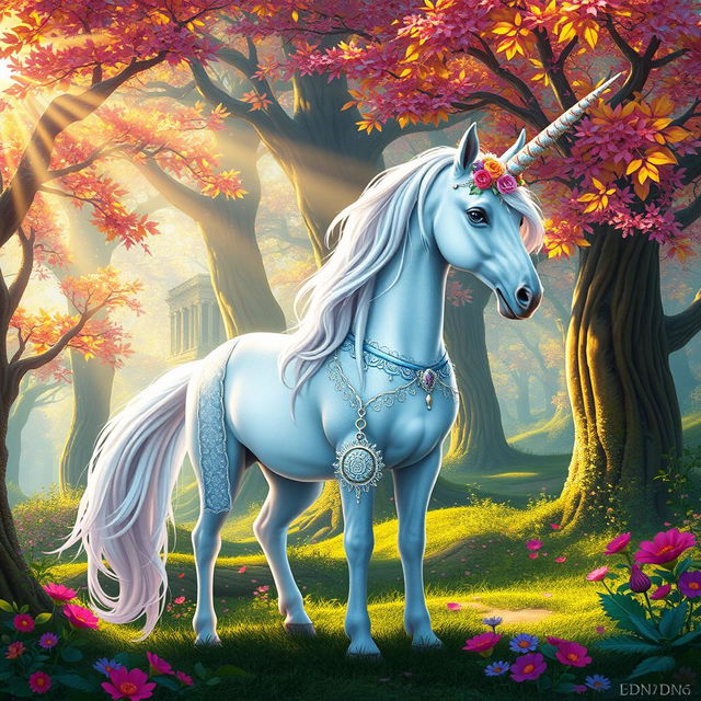 A majestic unicorn standing in a vibrant fantasy forest, surrounded by ethereal trees with shimmering leaves and colorful flowers
