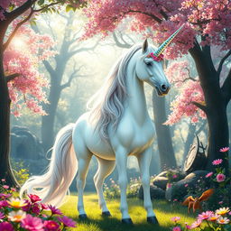 A majestic unicorn standing in a vibrant fantasy forest, surrounded by ethereal trees with shimmering leaves and colorful flowers
