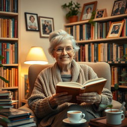 An elderly woman with a warm smile, sitting in a cozy armchair surrounded by bookshelves filled with colorful books
