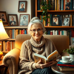 An elderly woman with a warm smile, sitting in a cozy armchair surrounded by bookshelves filled with colorful books