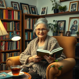 An elderly woman with a warm smile, sitting in a cozy armchair surrounded by bookshelves filled with colorful books