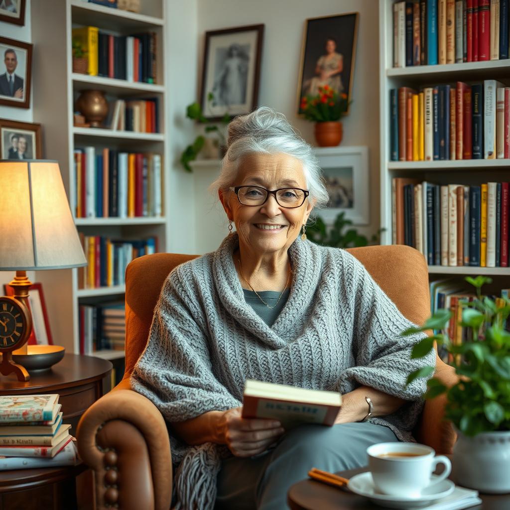 An elderly woman with a warm smile, sitting in a cozy armchair surrounded by bookshelves filled with colorful books