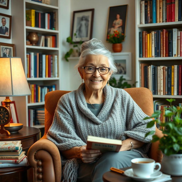 An elderly woman with a warm smile, sitting in a cozy armchair surrounded by bookshelves filled with colorful books