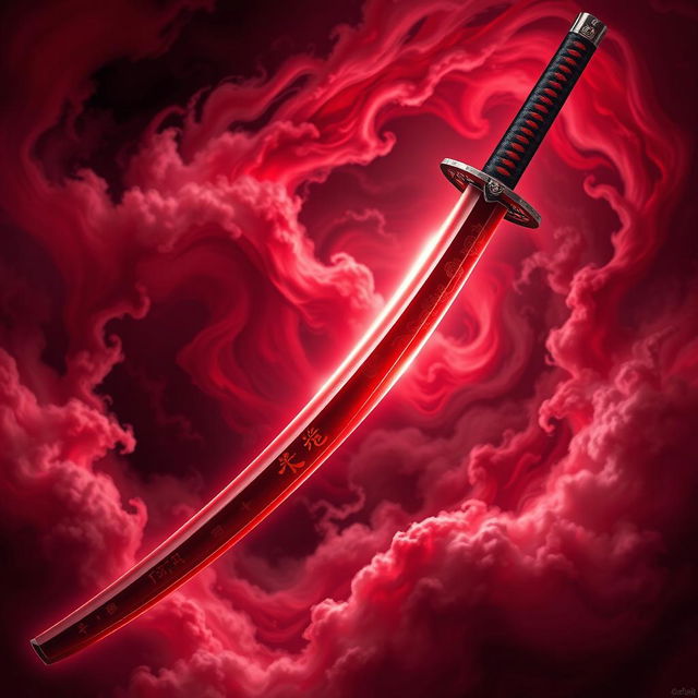 A stunning depiction of a Japanese sword, intricately designed with a sanguine vortex theme