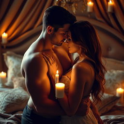A sensual scene featuring a couple in an intimate embrace, surrounded by soft candlelight that creates a warm ambiance