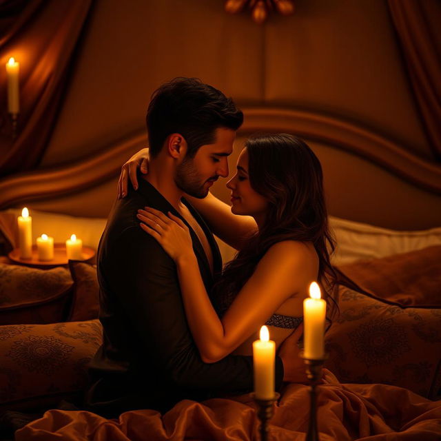 A sensual scene featuring a couple in an intimate embrace, surrounded by soft candlelight that creates a warm ambiance