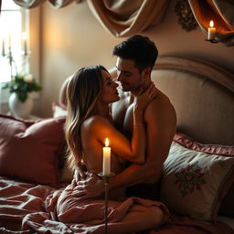 A sensual scene featuring a couple in an intimate embrace, surrounded by soft candlelight that creates a warm ambiance