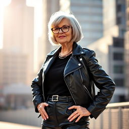 An elderly woman with a confident stance, wearing stylish black leather pants
