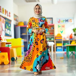 A full-length portrait of a female kindergarten teacher in a beautifully designed Islamic dress featuring a playful animal print pattern