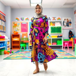 A full-length portrait of a female kindergarten teacher in a beautifully designed Islamic dress featuring a playful animal print pattern