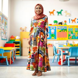 A full-length portrait of a female kindergarten teacher in a beautifully designed Islamic dress featuring a playful animal print pattern