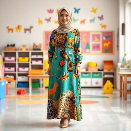 A full-length portrait of a female kindergarten teacher in a beautifully designed Islamic dress featuring a playful animal print pattern
