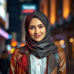 A fashionable woman wearing a stylish leather hijab, set against an urban background