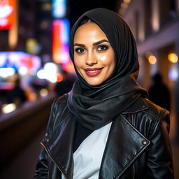 A fashionable woman wearing a stylish leather hijab, set against an urban background