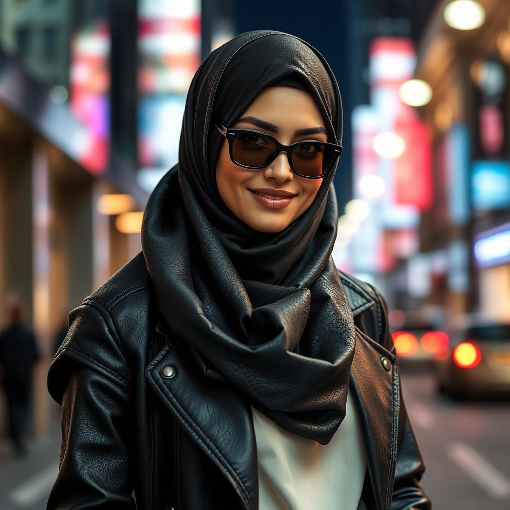 A fashionable woman wearing a stylish leather hijab, set against an urban background