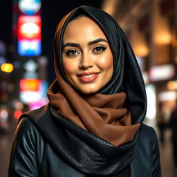 A fashionable woman wearing a stylish leather hijab, set against an urban background