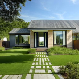 A beautiful new modern house with large windows, a sprawling green lawn, and a charming brick path leading up to the entrance.