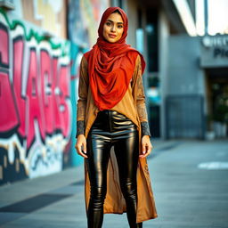 A fashion-forward woman wearing stylish leather leggings paired with a chic hijab