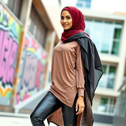 A fashion-forward woman wearing stylish leather leggings paired with a chic hijab