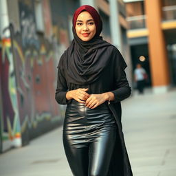 A fashion-forward woman wearing stylish leather leggings paired with a chic hijab