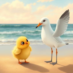 At the seaside, a cute little yellow chick with big, curious eyes is gazing happily at an adorable seagull