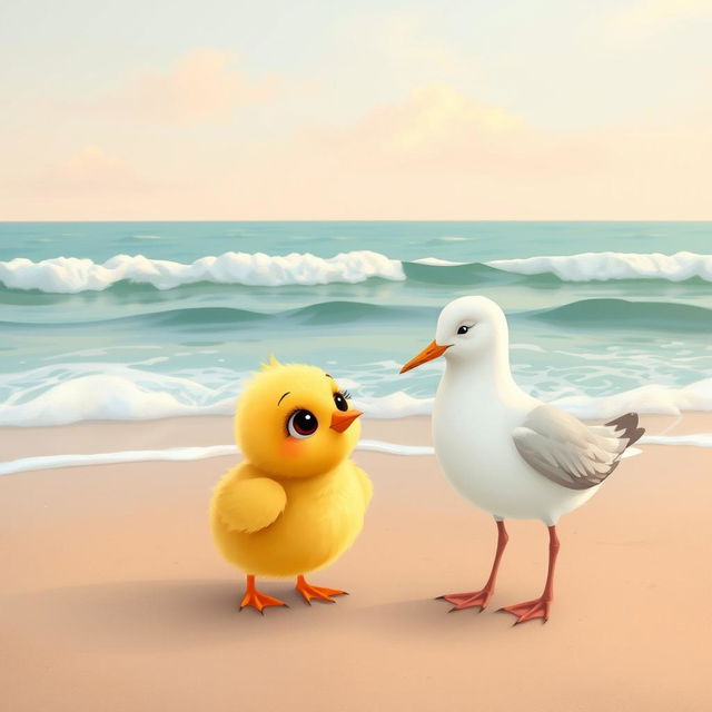 At the seaside, a cute little yellow chick with big, curious eyes is gazing happily at an adorable seagull