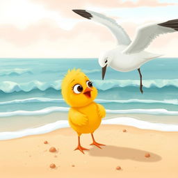 At the seaside, a cute little yellow chick with big, curious eyes is gazing happily at an adorable seagull