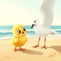 At the seaside, a cute little yellow chick with big, curious eyes is gazing happily at an adorable seagull