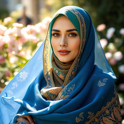 A striking and elegant woman wearing a large, flowing hijab embellished with intricate embroidery and patterns