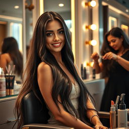 A captivating scene featuring a beautiful Iranian actress sitting in a stylish salon, her long dark hair being cut by a professional stylist