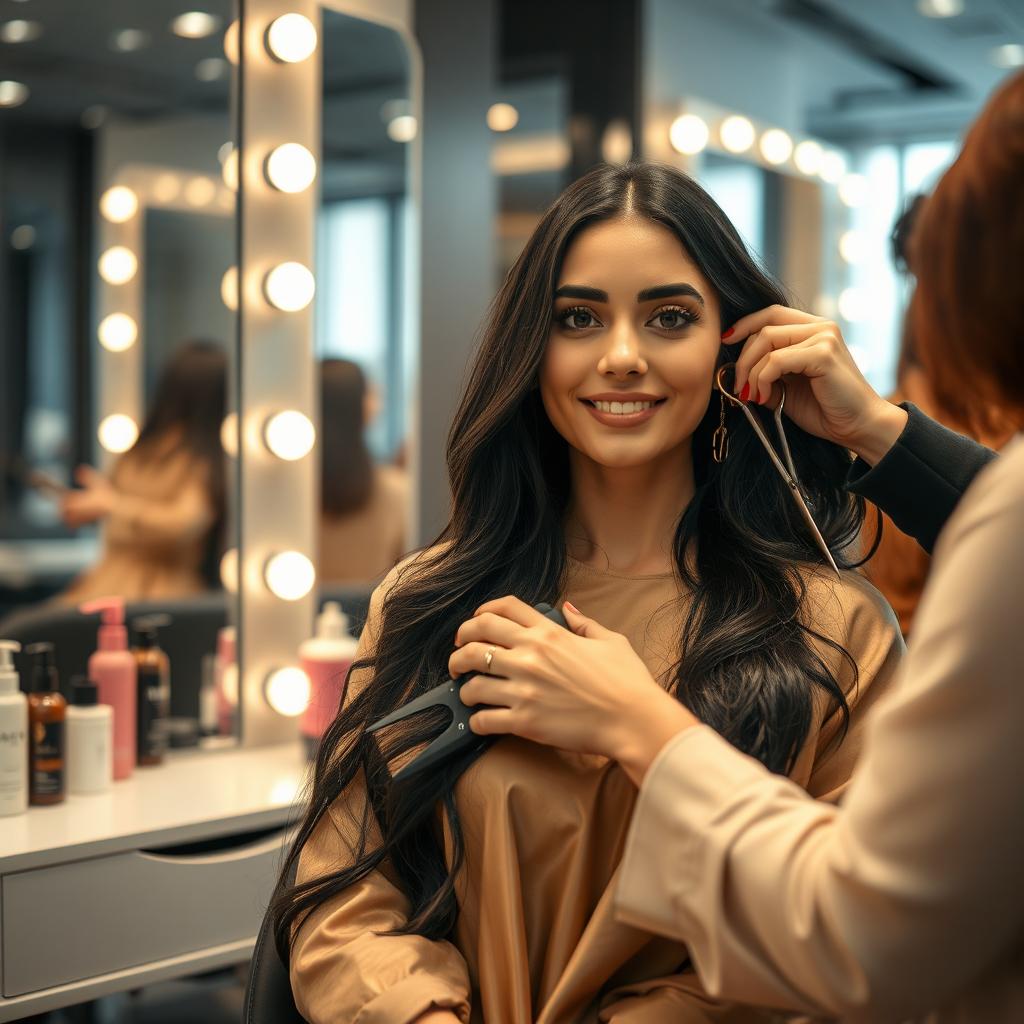 A captivating scene featuring a beautiful Iranian actress sitting in a stylish salon, her long dark hair being cut by a professional stylist