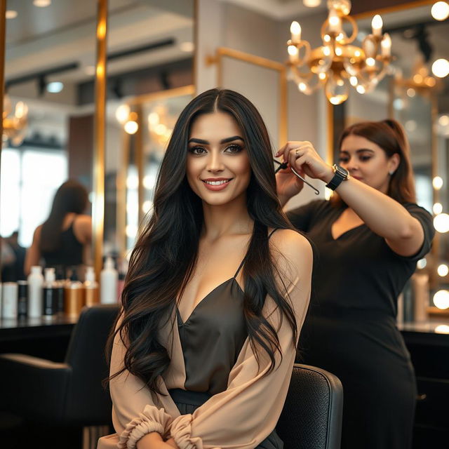 A captivating scene featuring a beautiful Iranian actress sitting in a stylish salon, her long dark hair being cut by a professional stylist