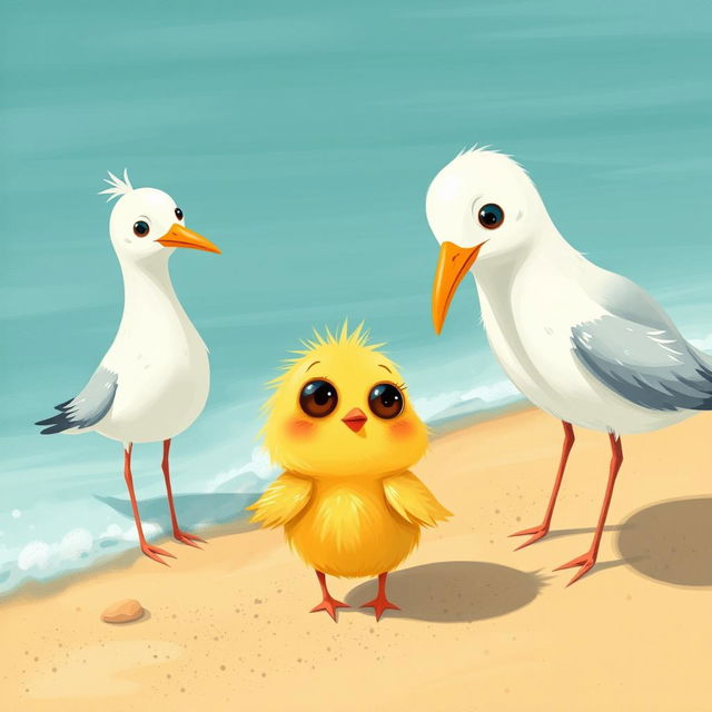 A cute little yellow chick with curious big eyes looking at an adorable seagull by the seaside