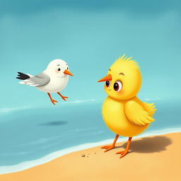 A cute little yellow chick with curious big eyes looking at an adorable seagull by the seaside
