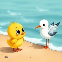 A cute little yellow chick with curious big eyes looking at an adorable seagull by the seaside