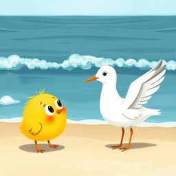 A cute little yellow chick with curious big eyes looking at an adorable seagull by the seaside